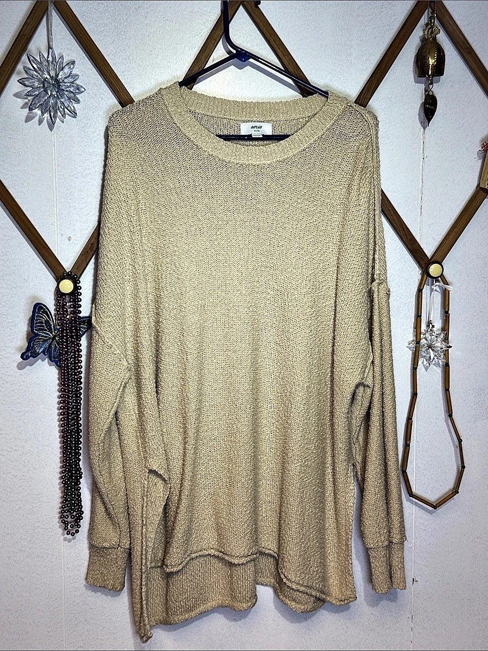 aerie Oversized Scoop Neck Cotton Blend Knit Sweater Knit Sweater Beige XL